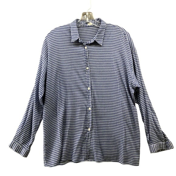 GU (Uniqlo) Lightweight Button Up Shirt Womens L Long Sleeve Blue White Check - Picture 1 of 8